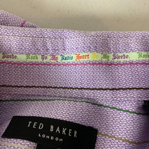 Ted Baker London Mens Button Down Size 6 Purple Colorful Striped Cotton Lavender - Picture 12 of 15